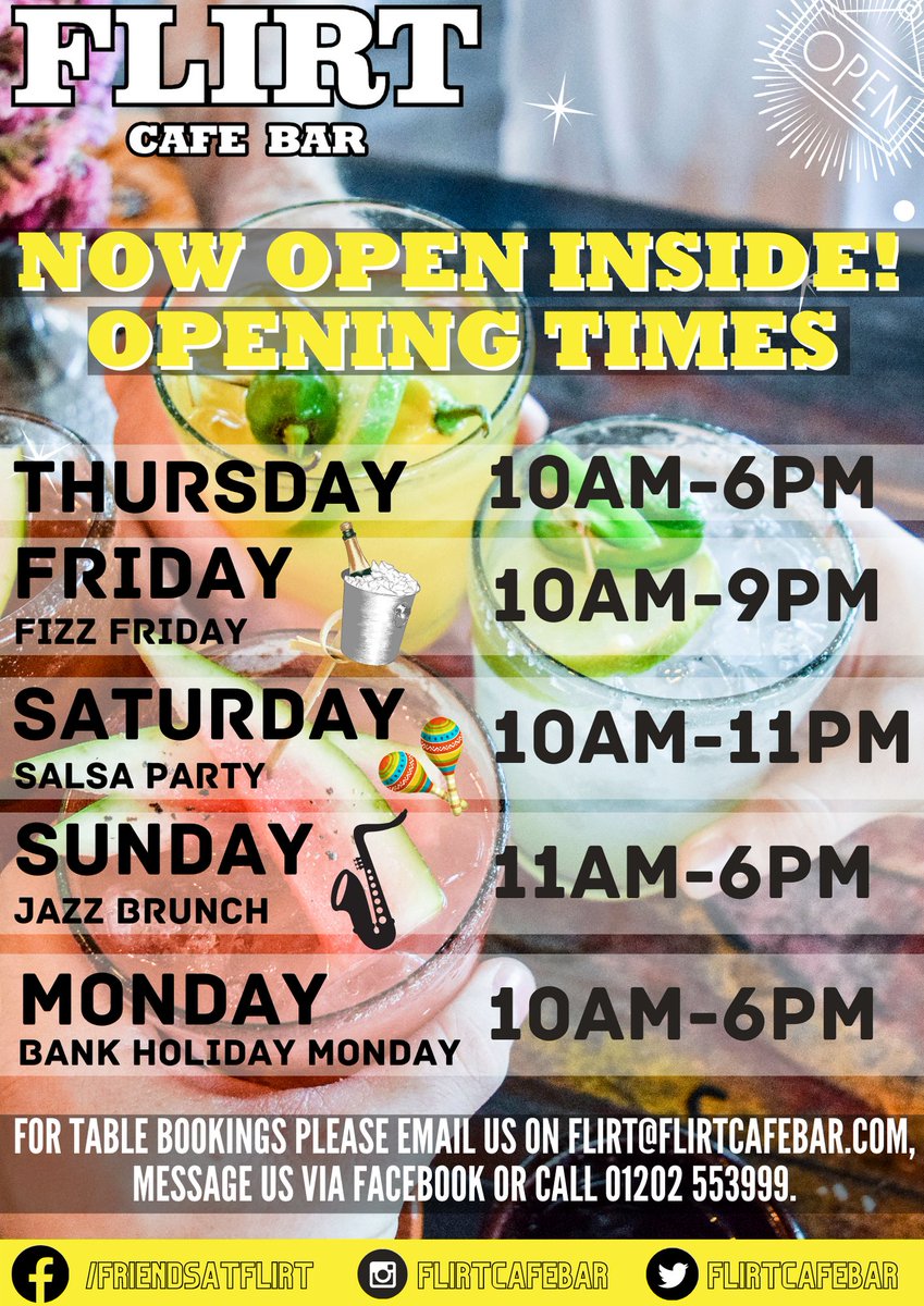 We're selling out for our Salsa party and Jazz brunch so get in there quickly!!.. AND, breakfast is back on the menu!!
For table bookings please email us on flirt@flirtcafebar.com, message us via Facebook or call 01202 553999.
#bournemouth #bournemouthtriangle #bmth