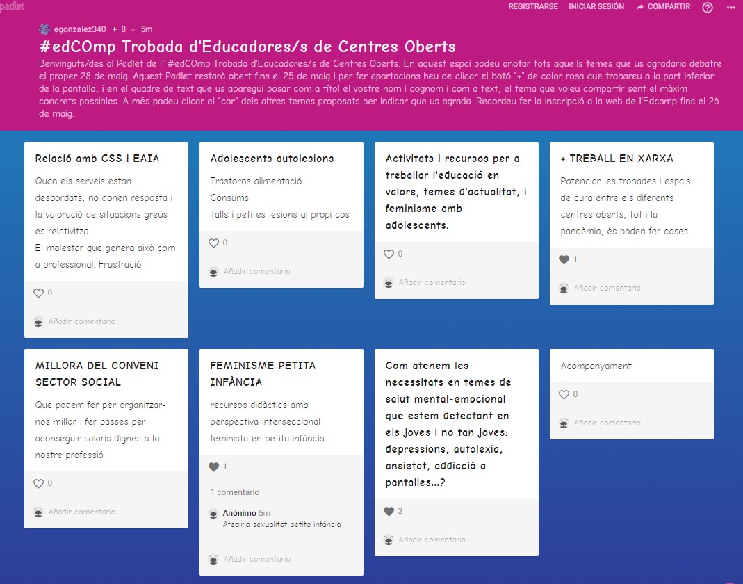 Encara ets a temps d'inscriure't a l'Edcamp Centres Oberts! 🚀

Aquest divendres matí comparteix aprenentatges i fes xarxa a l'#EdCOmp.

ℹ️ Inscriu-te a edcamp.educaciodema.cat/ca/edcamp/edca…

✍️Proposa el teu tema a padlet.com/egonzalez340/m…

Mira alguns dels ja s'han proposat!👇 T'hi esperem!
