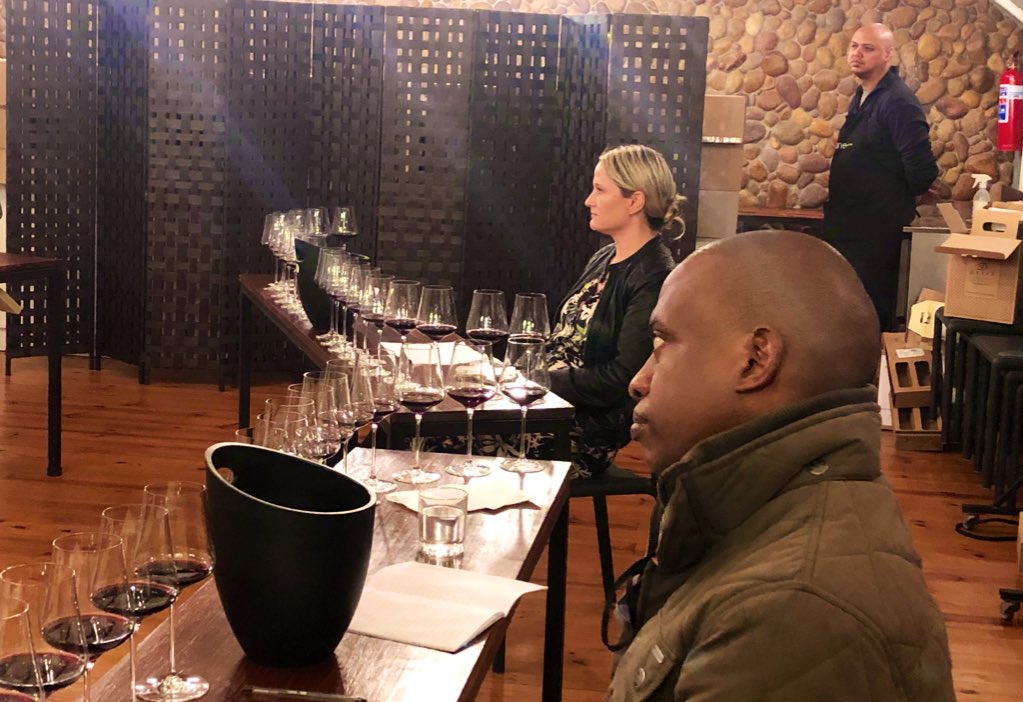 JaxLahoud's tweet photo. Good to have you on the #PinotageReport panel @MaluLambert and @Dube_Ndabe - enjoy the #pinotage blind tasting... with @wine_thug_ZA at your service. https://t.co/DI9wXaT8RE