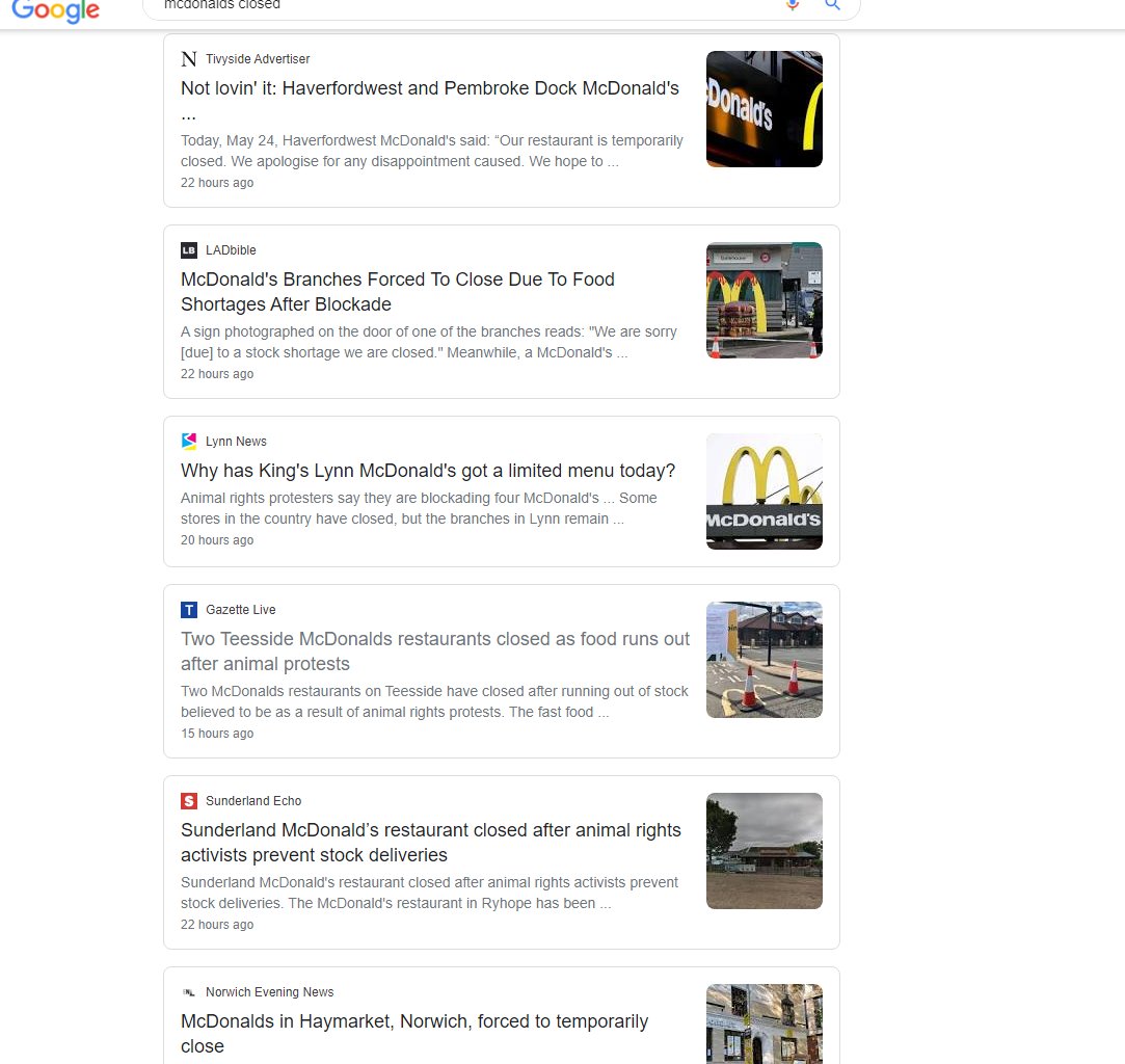 Loads of McDonald's had to close because of the 
<a href="/RebelsAnimal/">animal.rising</a> blockades. Direct action works.