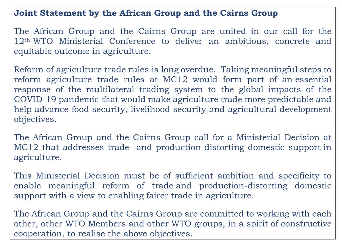 The voices of reform are growing louder.

Today the <a href="/CairnsGroupWTO/">Cairns Group WTO</a> and the African Group issued a joint statement at the @WTO agriculture talks 👇🏼

It’s time for all Members to move on domestic support.