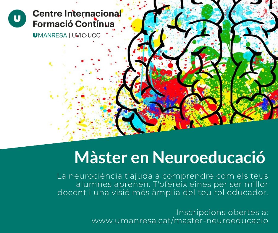 UManresa's tweet photo. Vols eixamplar les teves competències com a professional de l’educació?El Màster en Neuroeducació t’ofereix una nova visió del procés d’aprenentatge i multiplica els teus recursos per progressar a l’aula
https://t.co/j5YhFomSjZ
#neurociència #educació @BeatrizFagundo  
@biancamur https://t.co/weJVuPNY55