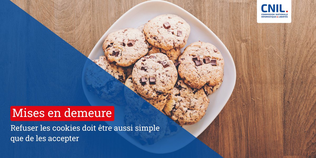 CNIL's tweet image. La CNIL a adressé une vingtaine de mises en demeure à des organismes, dont des acteurs internationaux de l’économie numérique et des organismes publics, qui ne permettent pas aux internautes de refuser les #cookies aussi facilement que de les accepter 👉 cnil.fr/fr/cookies-une…