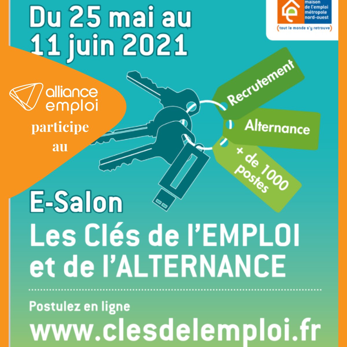 AllianceEmploi1's tweet photo. [E-Salon] @AllianceEmploi1 participe au salon les Clés de l'Emploi et de l'Alternance du 25 mai 11 juin 2021 ! 📢 Rendez-vous demain à 11H15 pour le webinaire "Réussir son entretien en visio" @maisondelemploi ici 👉https://t.co/J4PwwHHX1j https://t.co/s9OKgaiwVl