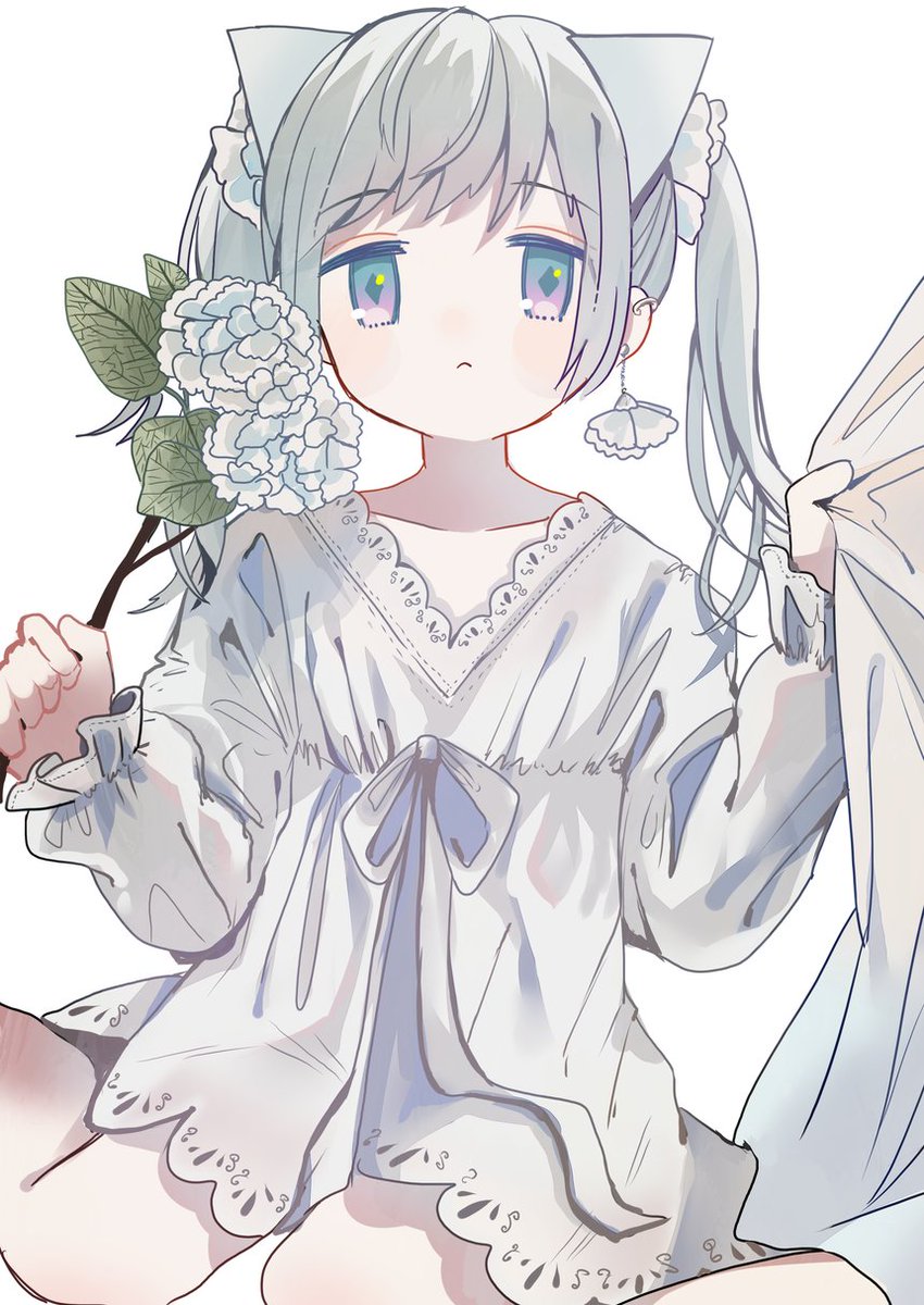 「白い紫陽花と白猫 」|柏森たま。のイラスト