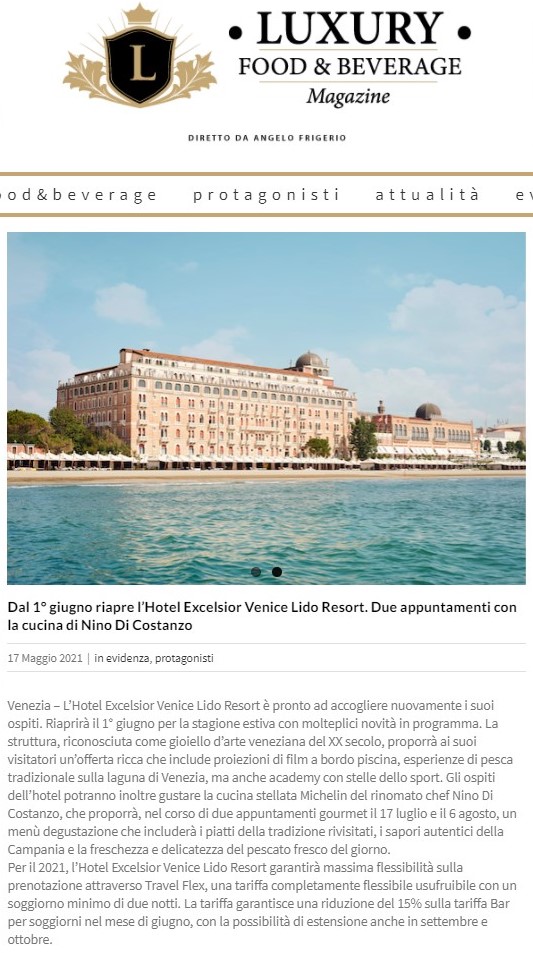 Riapre l'Excelsior #Venezia. Due gli appuntamenti con la cucina di #NinoDiCostanzo

#ExcelsiorExperience #ExcelsiorVenice #ExcelsiorForYou #Excelsior_Moments #ExcelsiorDream #VeryExcelsior #Venice #Venedig #Venise #luxurytravel #besthotels #hotel #luxury #Summer2021