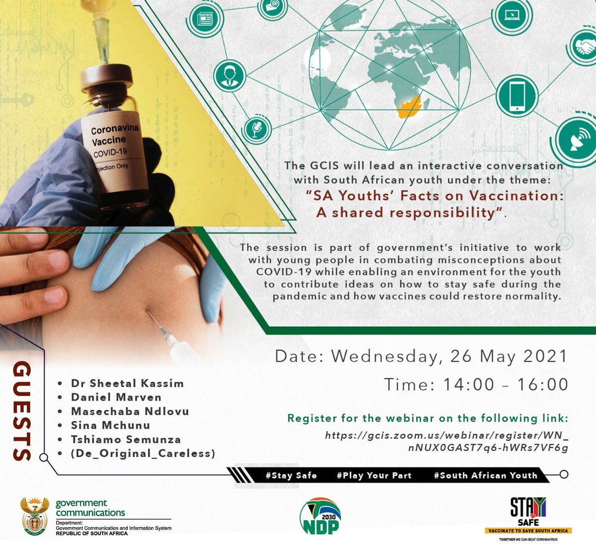 Join us as we discuss vaccines and more tomorrow from 2pm - 4pm

@danielmarven
@CarelessDe
@MullaWakoo
@MKhumalo___
@eNCA
@SABCNews
@ewnupdates
@Newzroom405
@Yfm
@5FM
@METROFMSA
@JacaNews
@UPTuks
@WitsUniversity
@Wits_SRC
@go2uj
@ujfm

#StaySafe #PlayYourPart #SouthAfricanYouth