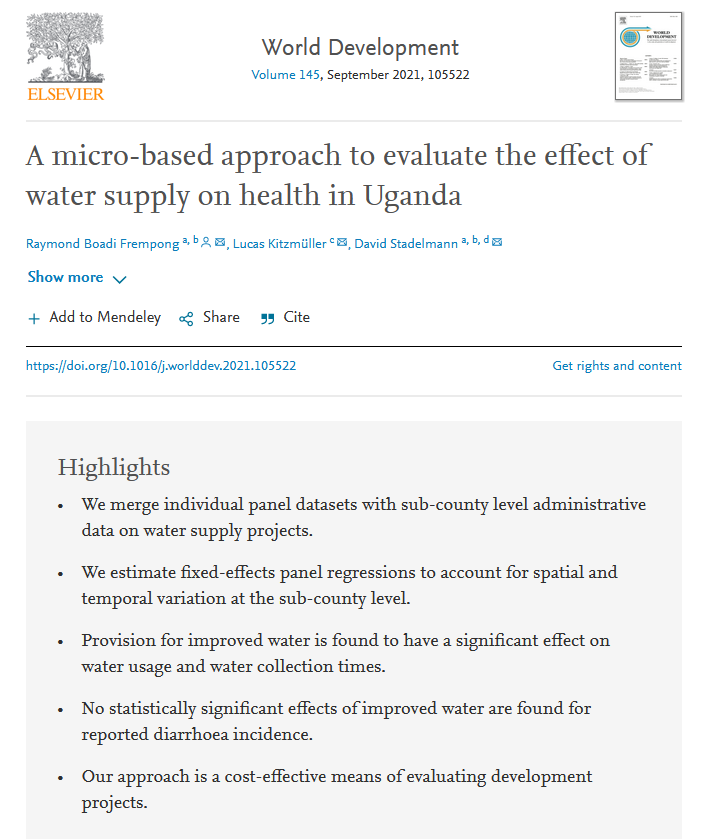 Here is our new paper entitled "A micro-based approach to evaluate the effect of water supply on health in #Uganda" (with <a href="/RBfrempong/">Raymond Frempong</a> and <a href="/ktzmllr/">Lucas Kitzmüller</a>)  authors.elsevier.com/a/1d7gC,6yxDH0… <a href="/unibt/">Universität Bayreuth</a> <a href="/ClusterAfrica/">Africa Multiple Cluster of Excellence</a> #development #poverty #evaluation #impact