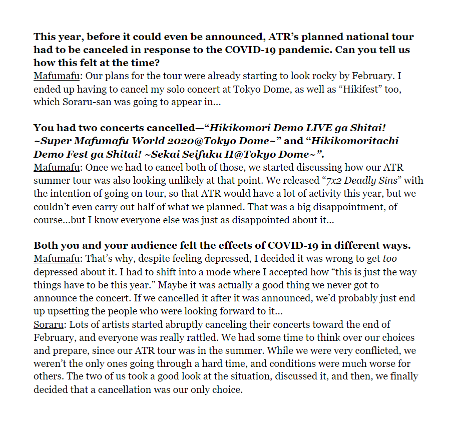 differentoceans's tweet photo. (Translation) Interview with Soraru and Mafumafu from the After the Rain Online Live 2020 concert book.
The two describe how COVID-19 affected their lives and plans + discuss their very first online concert. (Part 1/3) https://t.co/rJ06YV8GZc
