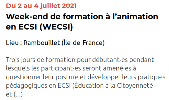 reseau_ritimo's tweet photo. [FORMATION] 🧰 Vous voulez questionner votre posture et développer vos pratiques pédagogiques en #ECSI (éducation à la #citoyennté et à la #solidarité internationale)? Participez au #WECSI!

📅 2-4 juillet

📌 Infos et inscription
https://t.co/e5SL7GGLyn https://t.co/uMjrrYNk3t