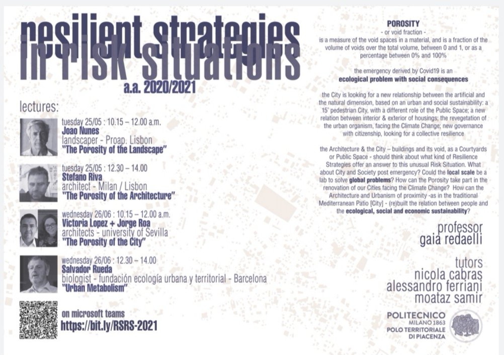 Right2CityGP's tweet photo. 📢 Today &amp; Tomorrow seminars!👇

POROSITY. Resilient Strategies in Risk Situations course in @DastuPolimi @polimi ✨

🗣️ with #JOAONUNES #Proap #stefanoriva #victorialopez #jorgeroa @ETSASevilla #salvadorrueda 🌱

👉 https://t.co/xnf9DAO7rU

@gaiaredaelli https://t.co/JmURYYaTds