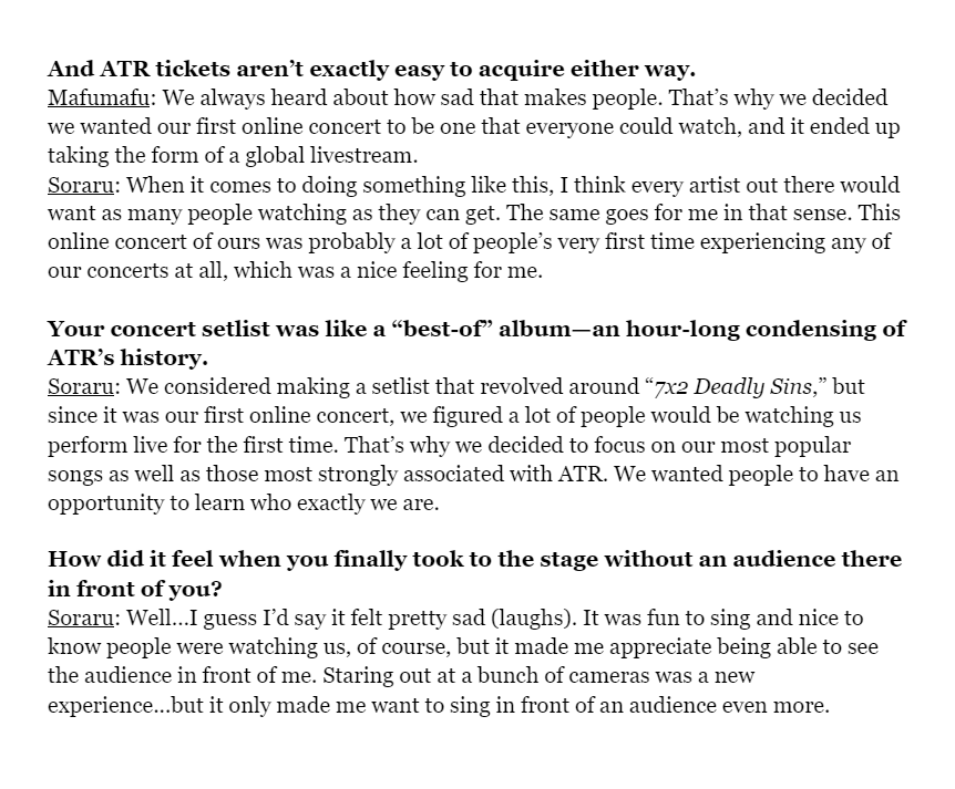 differentoceans's tweet photo. (Translation) Interview with Soraru and Mafumafu from the After the Rain Online Live 2020 concert book.
The two describe how COVID-19 affected their lives and plans + discuss their very first online concert. (Part 1/3) https://t.co/rJ06YV8GZc