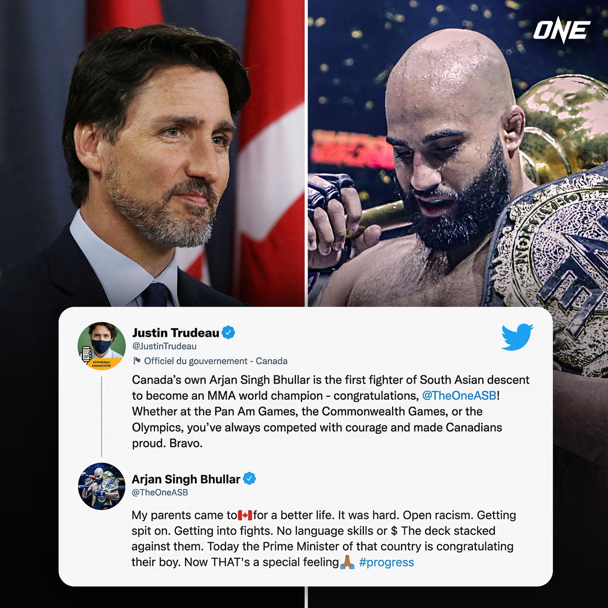 ONEChampionship's tweet photo. Prime Minister Justin Trudeau 🇨🇦 congratulates Canadian-born Arjan Bhullar on his HISTORIC World Title win! @TheOneASB @JustinTrudeau #WeAreONE #ONEChampionship https://t.co/167i8VI4VX