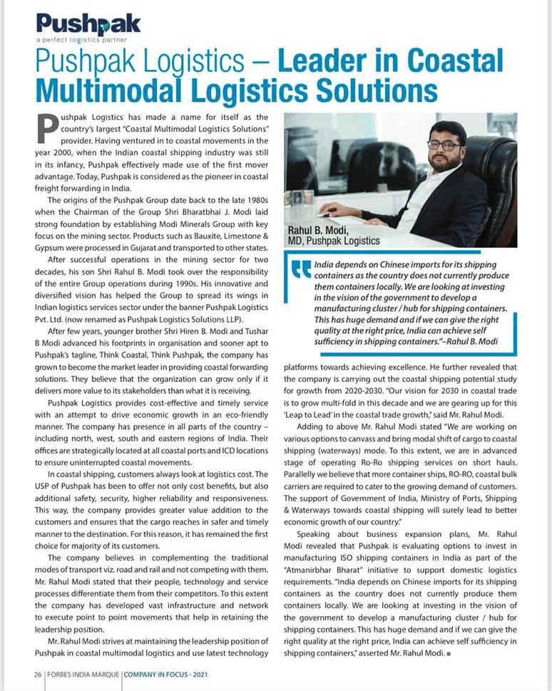 Pushpaklogist's tweet photo. It gives us immense pleasure to inform that Pushpak Logistics Vision, Mission Statement, Success story along Achievements of our Managing Directorโs has been Published in Forbes India Marque Magazine (May Edition). Jai Girirajji ๐ #forbesindia #MayEdition #companyinfocus https://t.co/R330QLsMGK