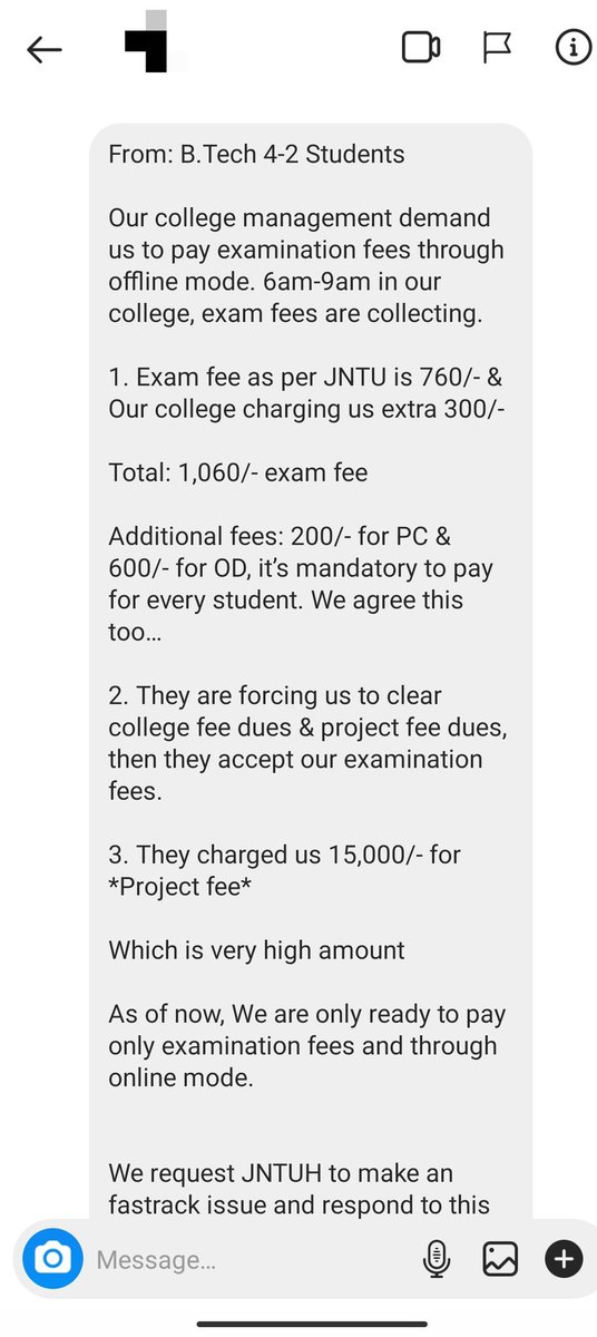 examupdt's tweet photo. Received This message On Instagram From A student Of Jntuh Affiliated College . This is Problem Of all Students . The Extra Fee collected By College and The project fee is becoming burden for students . RT this And Tag Officials Atleast Raise your voice @VenkatBalmoor @KTRTRS https://t.co/2xPpXfq1Wt