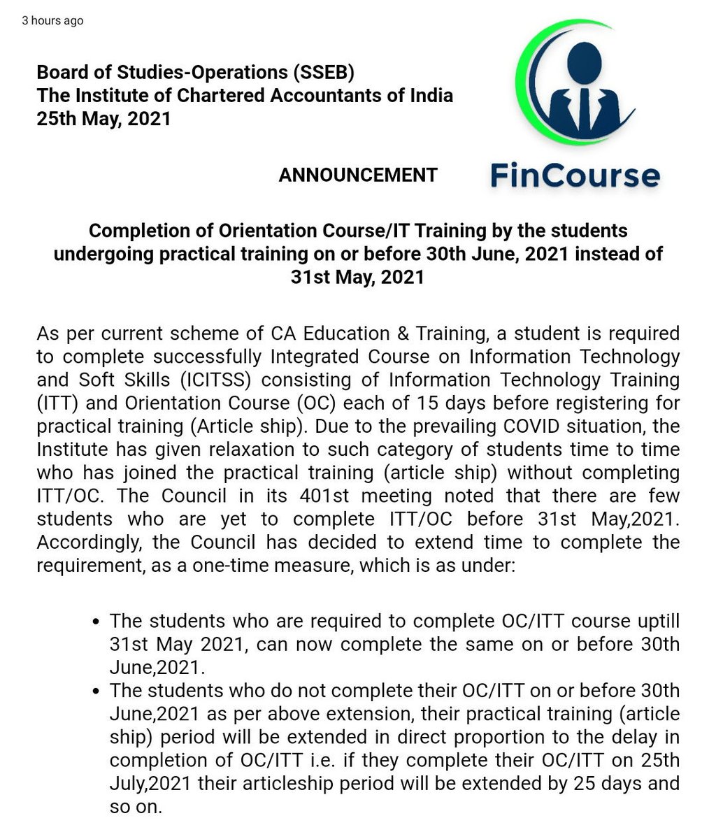 FinCourseApp's tweet image. Completion of Orientation Course/IT Training by the students undergoing practical training on or before 30th June, 2021 instead of 31st May, 2021 - (25-05-2021)
#Fincourse #ICAI