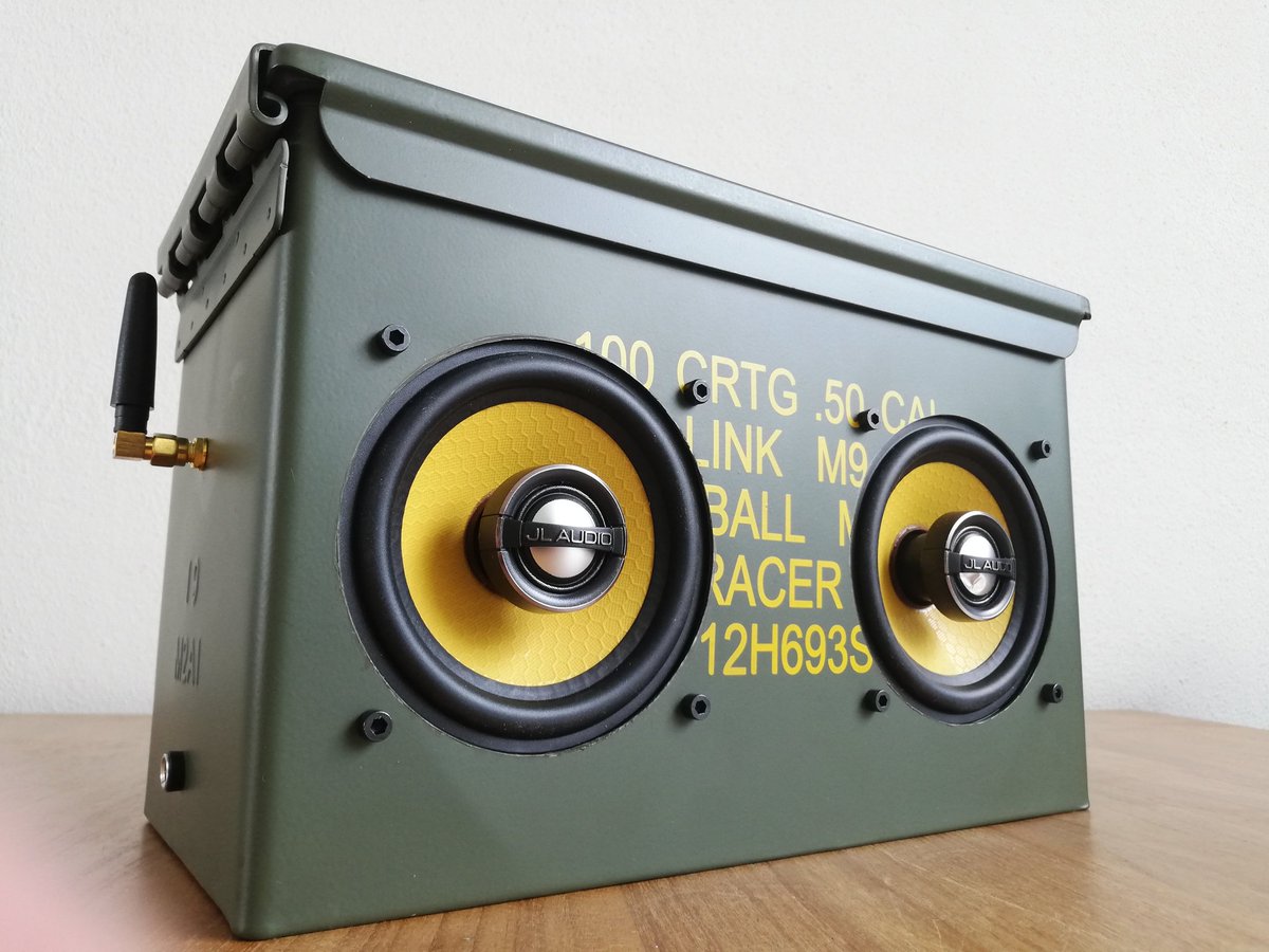 BJStroo's tweet photo. Another hand build speaker done! 🔊😎

This one took a while to build, but I'm very please with the result.

Each build I'm stepping up another level and striving for perfection.

#ammocanspeaker #diyaudio #speakerbuilding #daytonaudio https://t.co/cfrVIknFYn