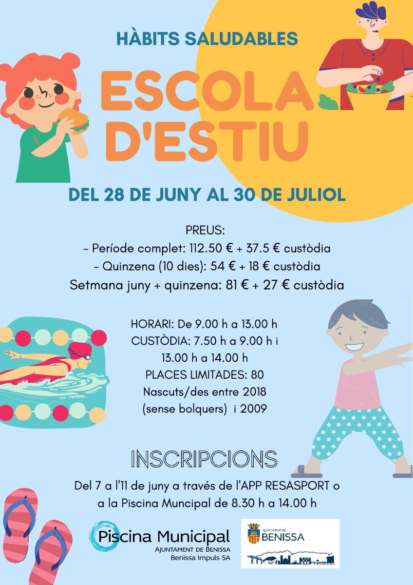 ajbenissa's tweet photo. 🔝Activitats infantils d'estiu organitzades per Joventut i Esports
Un complet programa que combina accions formatives, esportives i d'oci i entreteniment 👧🧒🏀🎾🤽‍♀️🎭📖.
📲Descarrega la cartelleria amb tota la informació sobre dates, horaris i inscripcions. https://t.co/XamsBmEIxk