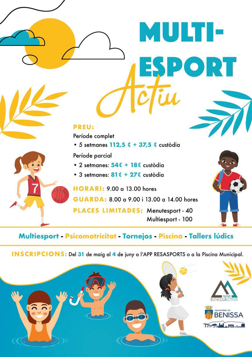 🔝Activitats infantils d'estiu organitzades per Joventut i Esports
Un complet programa que combina accions formatives, esportives i d'oci i entreteniment 👧🧒🏀🎾🤽‍♀️🎭📖.
📲Descarrega la cartelleria amb tota la informació sobre dates, horaris i inscripcions.