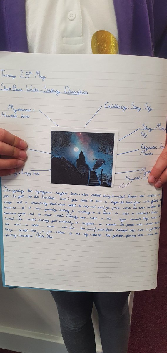 Galley_Hill's tweet photo. When you get a knock at the door and the joy of some fantastic short burst writing puts a big smile on your face. Fantastic vocabulary and very atmospheric ✍🤩🙌 Definitely worthy of a shiny Headteacher Award sticker @sue_cove @PieCorbett @GalleyH_English @Talk4Writing https://t.co/E7230TBmSi