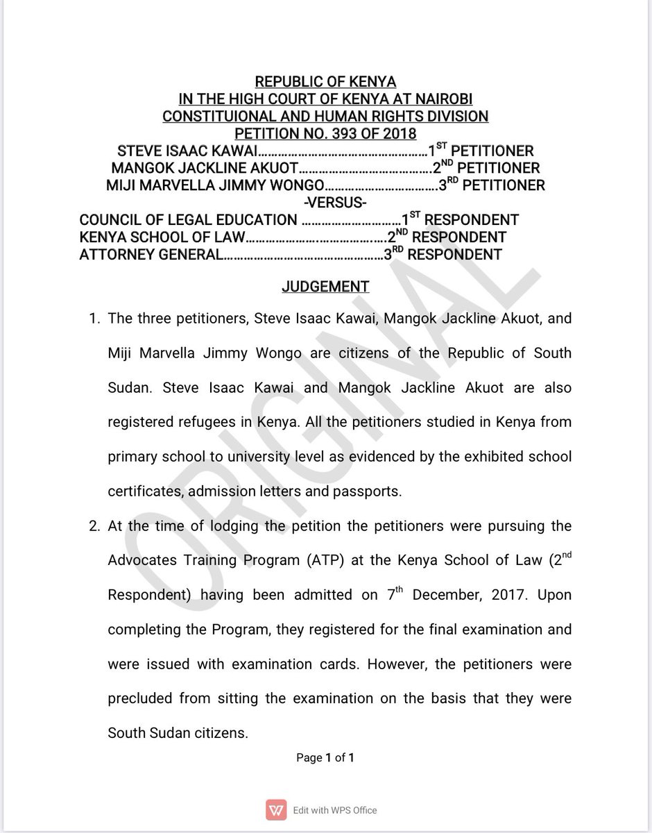NelsonHavi's tweet photo. The High Court has determined that Section 12(a) of Advocates Act is inconsistent with Article 27 of Constitution of Kenya and Article 126 of East African Community Treaty. South Sudaness Lawyers are now entitled to admission as Advocates of the High Court of Kenya. ^POLSK https://t.co/7hzwzW8532