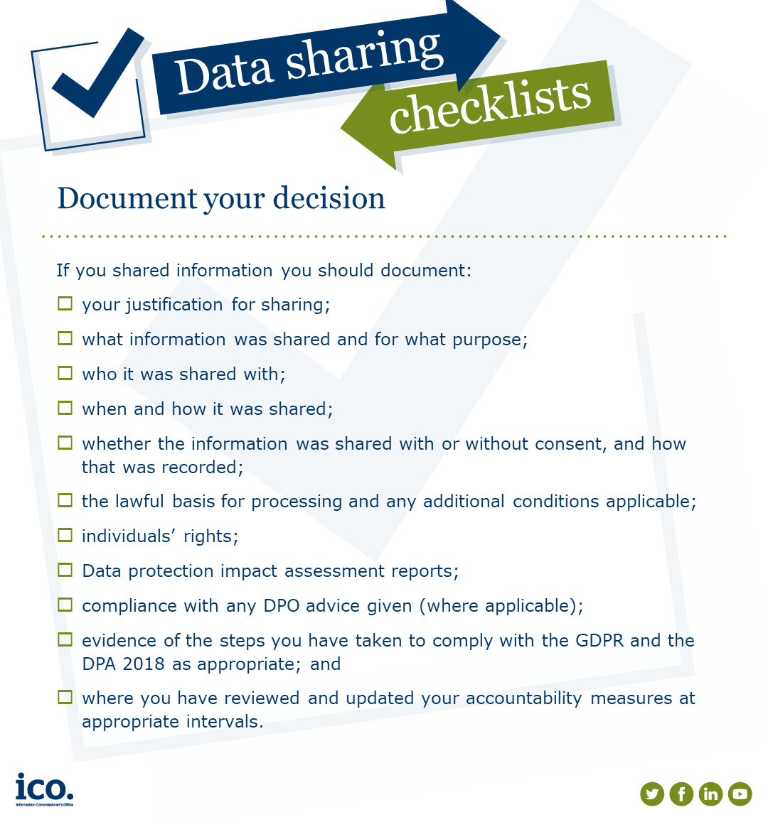 ICOnews's tweet photo. Documenting your decision helps you to take stock of your data sharing. You'll know what information you have, where it is, and when it was shared. This makes it much easier for you to comply with other aspects of the UK GDPR. https://t.co/7W8WxWOMSO