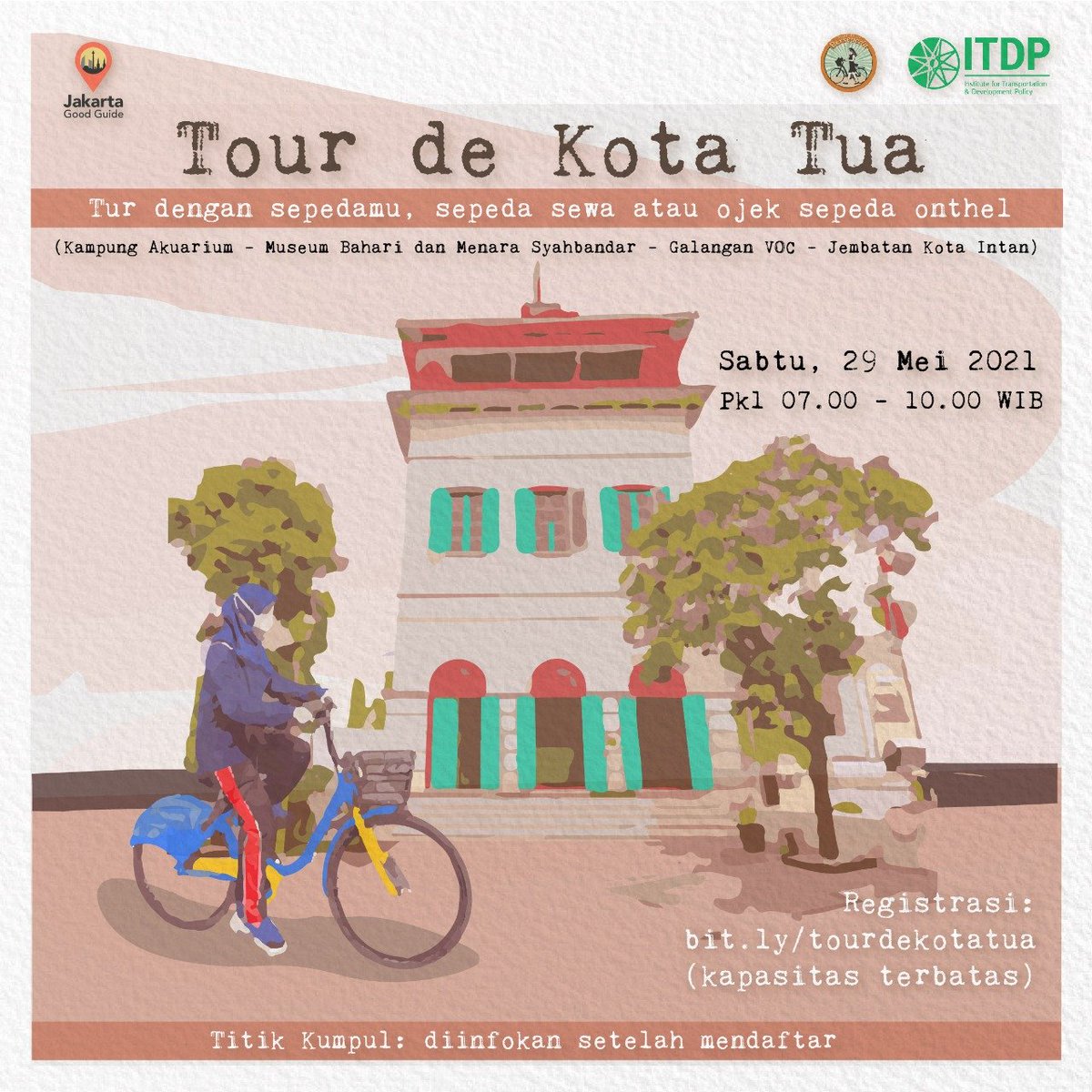 itdpindonesia's tweet photo. Yuk, bersepeda ke Kota Tua bersama kami, @jktgoodguide &amp; Puan-puan Bersepeda! 

Tidak punya sepeda? Disediakan fasilitas sepeda sewa utk peserta. Tidak bisa naik sepeda? Ada ojek sepeda onthel yg siap mengantar. Segera daftar, kapasitas terbatas! https://t.co/mevWsysc8s https://t.co/1BprdMdf5B