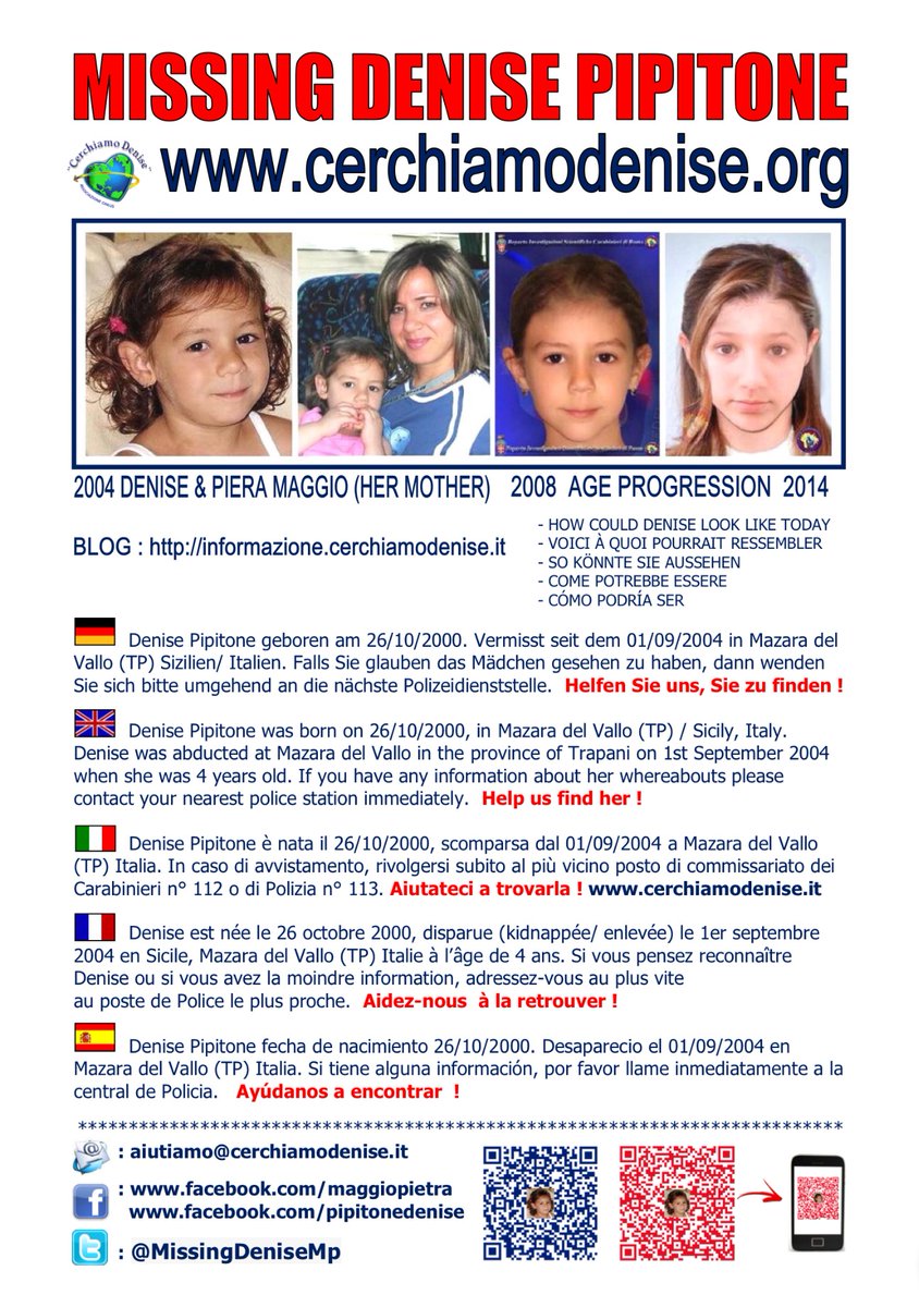 Giovann64476517's tweet photo. ⚠️Please, RETWEET, help me share these posters. #DenisePipitone could be anywhere. If you recognize her, please tell us where she is (Reward: $ 50,000) 🙏🏼👇
#InternationalMissingChildrensDay #AfricaDay #CitiCBS #joysms #HBDTarget #RoyalSports #FreeSHS #capecoast #Mali #Kenya https://t.co/AuMNc1CzkV