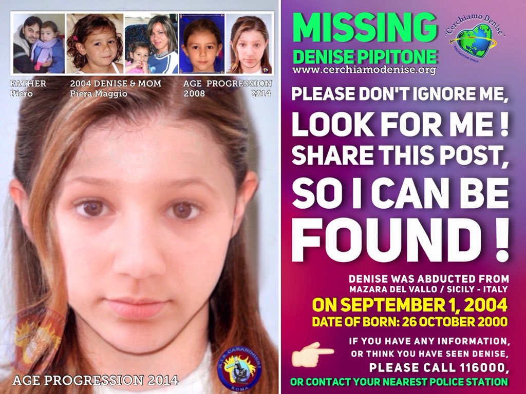 Giovann64476517's tweet photo. ⚠️Please, RETWEET, help me share these posters. #DenisePipitone could be anywhere. If you recognize her, please tell us where she is (Reward: $ 50,000) 🙏🏼👇
#InternationalMissingChildrensDay #AfricaDay #CitiCBS #joysms #HBDTarget #RoyalSports #FreeSHS #capecoast #Mali #Kenya https://t.co/AuMNc1CzkV