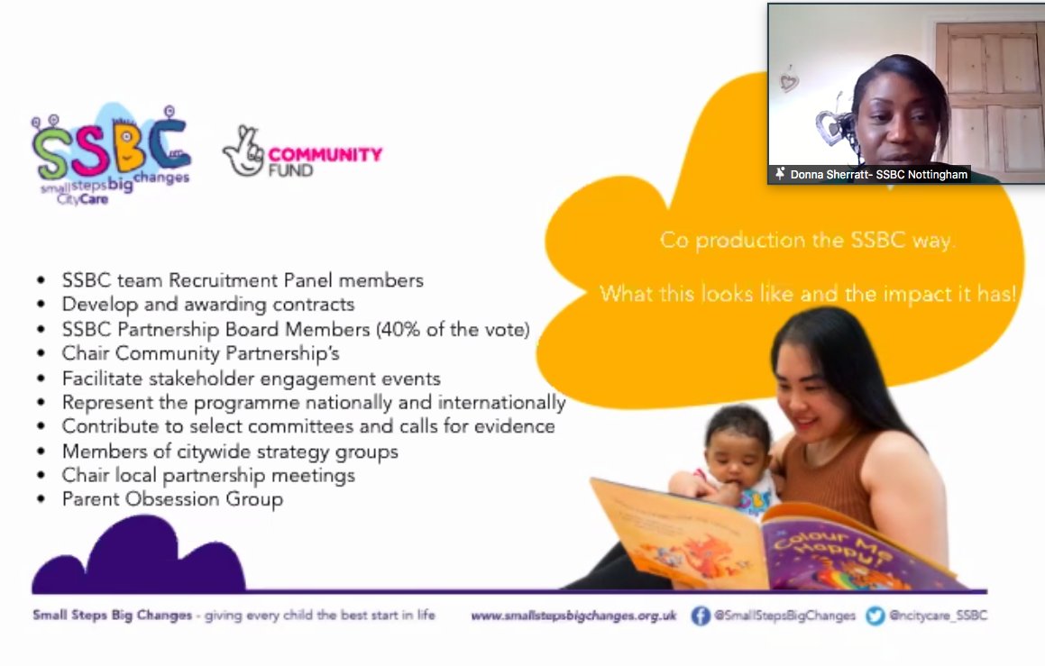 CoramFamChild's tweet photo. Fantastic to hear Donna Sherratt from @ncitycare_SSBC about developing parent-led services and the importance of #coproduction at #ParentChampions21 this morning https://t.co/iCA9AAdwr3