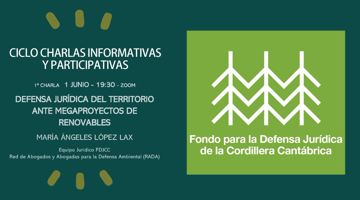 pdc_cantabrica's tweet photo. 📢 El próximo martes 1⃣ Junio, primer seminario del Fondo para la Defensa Jurídica de la Cordillera Cantábrica #fdjcc María Angeles López Lax abordará "Defensa ⚖️ jurídica del territorio 🏞️ ante megaproyectos 🏗️ de renovables". Enlace para participar https://t.co/5opGq9zzsp https://t.co/tmduxnJx2I