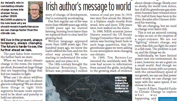 Check out @OisinMcGann in the Irish Daily Mirror! 'I wrote A Short, Hopeful Guide to Climate Change to explore what was happening, and what we could do about it...No one can do everything, but everyone can do something.' Learn about the book: littleisland.ie/books/short-ho… #HopefulGuide