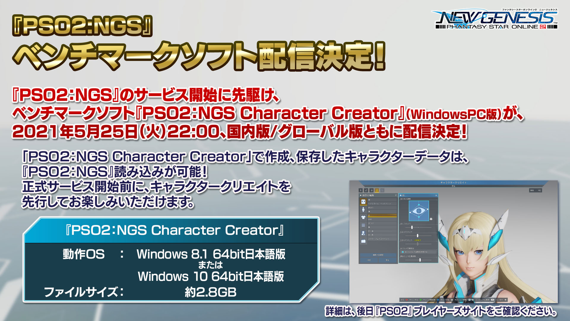 Phantasystaronline2 No Twitter Pso2 Ngs 特番放送中 なんと本日5月25日 火 22 00より サービス開始に先駆けベンチマークソフト Pso2 Ngs Character Creator Windows Pc版 が 国内版 グローバル版共に配信決定 キャラクタークリエイト体験機能で作成