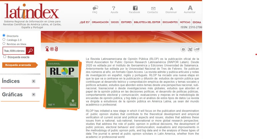 RevistaLOP's tweet image. Now in LATINDEX!!! Thanks to all our supporters: authors, reviewers, editorial & academic boards, @MaritaCarballo @WAPOR, @gmeixueiro @WaporLatam, @AngelRedero @edicionesusal, Francisco Sánchez @iberoame, editorial assistant @AsbelBohigues, editors @RyanECarlin1 & @MarianoTorcal.