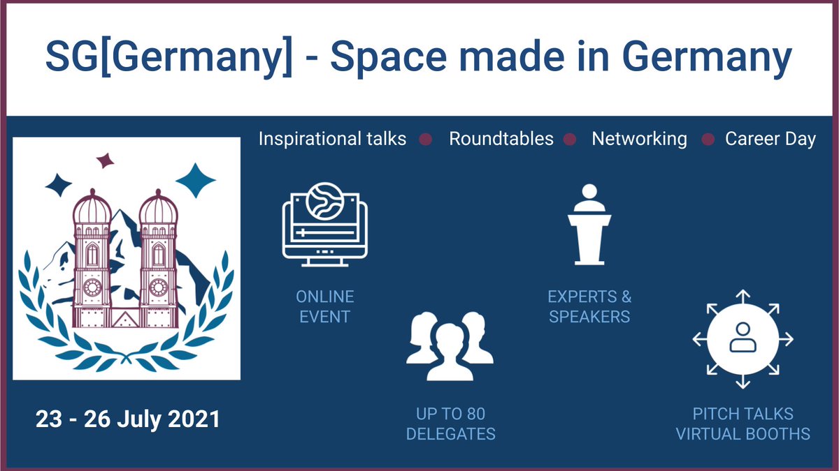 SGAC's tweet photo. Calling all space enthusiasts in Germany: mark your calendars, the SG[Germany] event is going virtual in 2021! Inspirational talks, roundtable discussions, a career day, and networking opportunities are all planned for the 23-26 July! Check out the program https://t.co/lcMFcNdbS4 https://t.co/l4bjkfF7ds