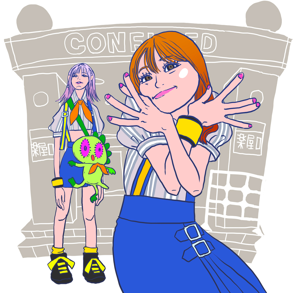 multiple girls 2girls skirt blue skirt shirt pink nails orange hair  illustration images