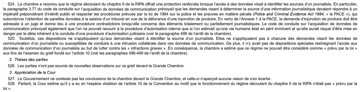 PJanuel's tweet photo. Enfin, la CEDH a condamné le Royaume Uni sur l'insuffisante protection des journalistes.
Une décision qui va apporter de l'eau au moulin à la @PresseJu qui réclame des protections minimales sur certaines techniques d'enquête dans le #PJLEDM (https://t.co/mC7DQZ8QGK) https://t.co/ZnvRFEBEN0