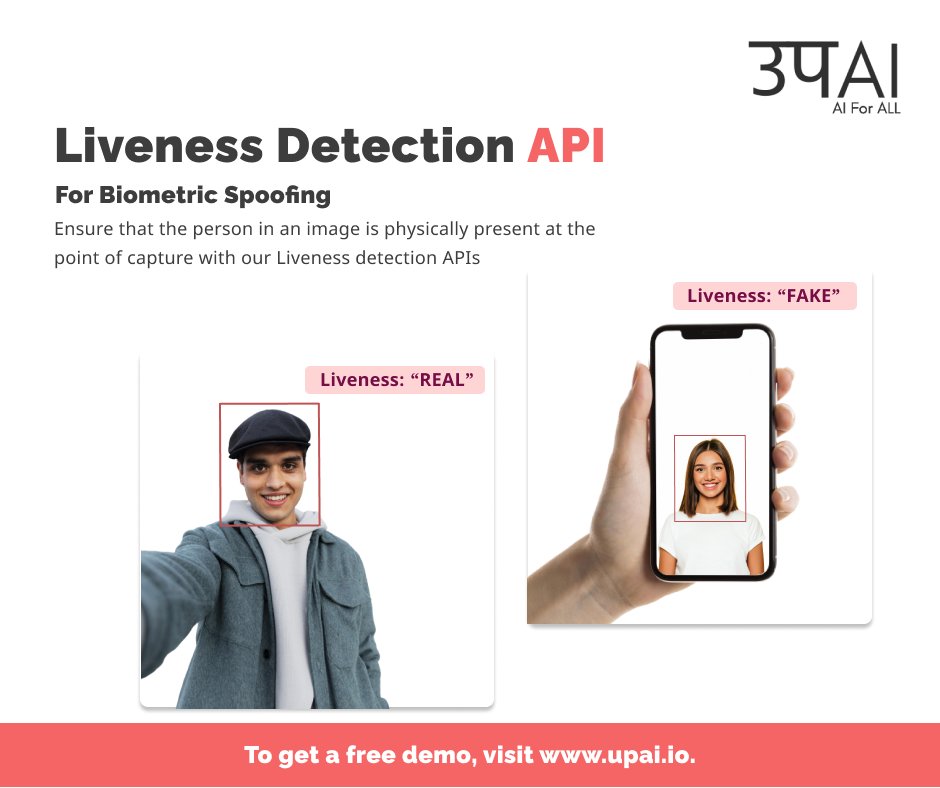 upai_io's tweet photo. Use our Liveness detection #API to check the authenticity of the person. Our API can be used to prevent Biometrics spoofing in multiple ways. Know more https://t.co/R0ZRAnRDus
#AI #FaceDetection #opencv #upai #AdvancedImageIdentification #MachineLearning https://t.co/iWTD01ldiN