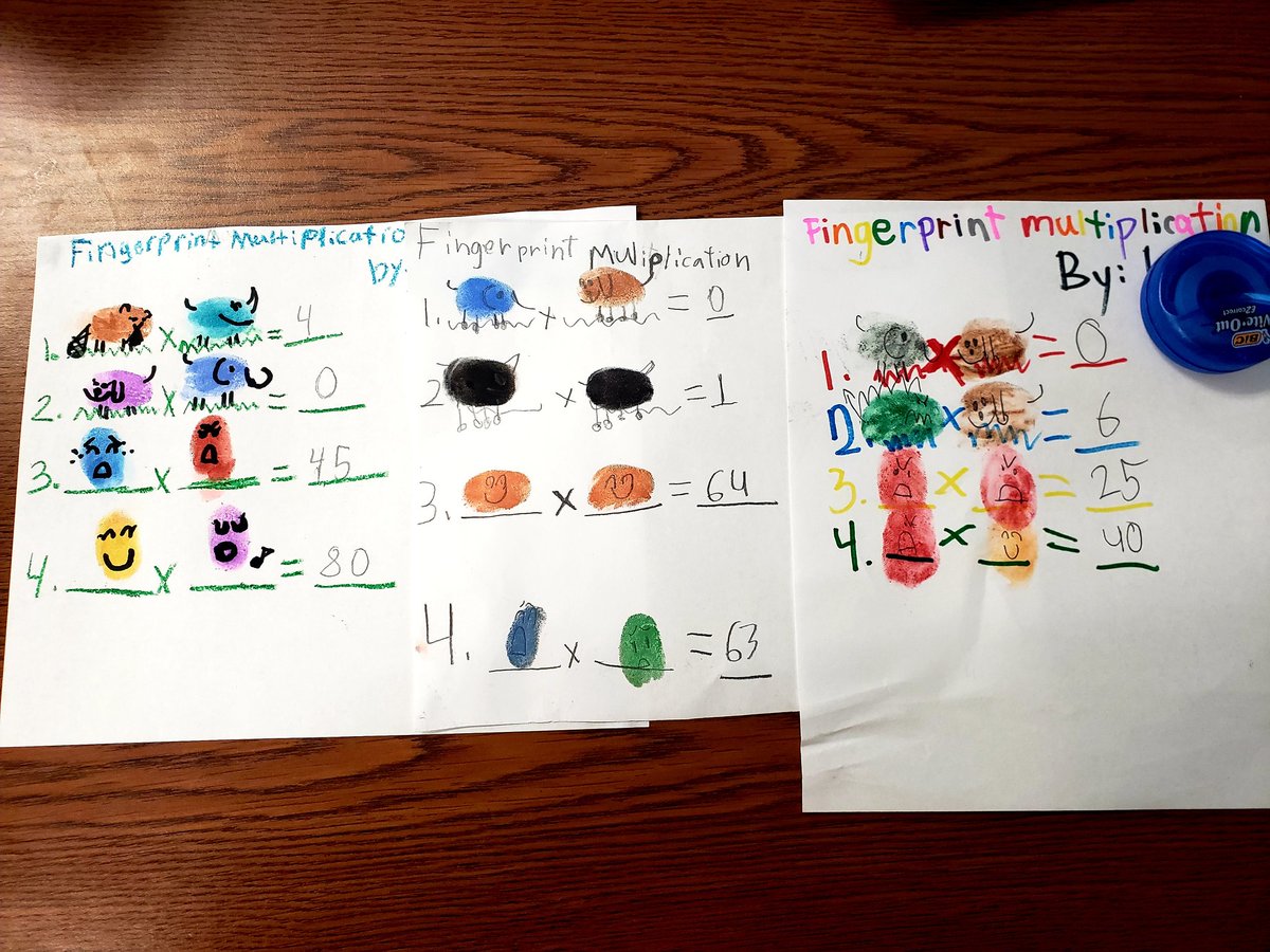 BaesMrs's tweet photo. After our last mastery test, we completed a fun and simple math project. We used our fingerprints to create multiplication problems. Each animal or emoji represented a factor to create an equation. @Principal_BAES https://t.co/hprkLmArnC