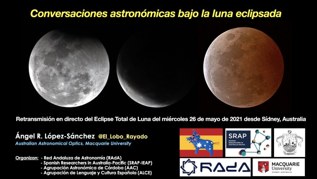 🌞🌍🌕 Nuestro amigo <a href="/El_Lobo_Rayado/">Ángel López-Sánchez</a> nos informa que mañana miércoles 26 de mayo retransmitirá en directo por YouTube el #eclipsetotal de luna visible desde Australia con sus telescopios.🔭

ℹ👉astroandalucia.org/conversaciones…
¡Ángel, no nos olvidamos de ti..hasta el infinito y más allá!