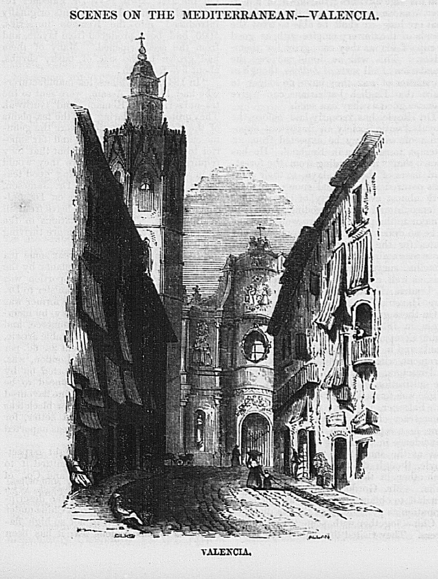 Un gravat de l'antic carrer Saragossa de València en una revista anglesa de 1844, amb la catedral i el Micalet al fons! 😍