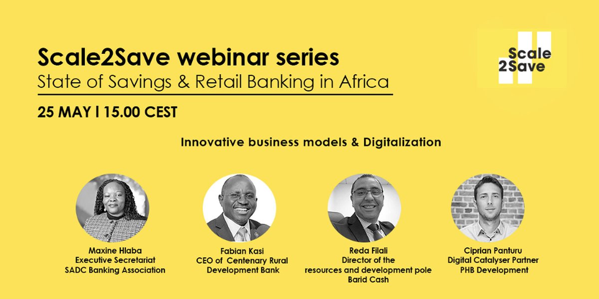 We have a great lineup of speakers in our @scale2save webinar with @Finmarktrust @MastercardFdn @baridcash @PHBDevelopment @CentenaryBank @SADC_News @kasi_fabian @NassahReda @WSBI_ESBG 

Register bit.ly/3ycWx6G

#InnovativeBusiness #digitalisation #bankingsector #Africa