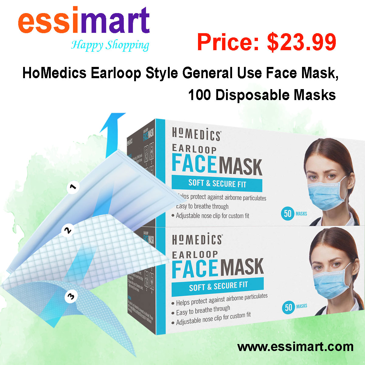 essimart's tweet image. HoMedics Earloop Style General Use Face Mask, 100 Disposable Masks
Price: $23.99
Details: essimart.com
Features: ≥95% BFE (Bacterial Filtration Efficiency) up to 3.0 microns
Filters Dust &amp;amp; Pollen
Made with Polypropylene with 3 layers of protection