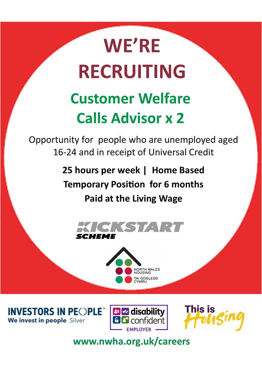 northwalesha's tweet photo. We're recruiting for 2 Customer Welfare Calls Advisors via Kicksart scheme. Homebased, and all equipment provided, the new roles are a fantastic opportunity if you are unemployed, aged 16-24 and in receipt of Universal Credit! 🌐 https://t.co/GDatQ7Jh3M https://t.co/I7Y6bfTzzm