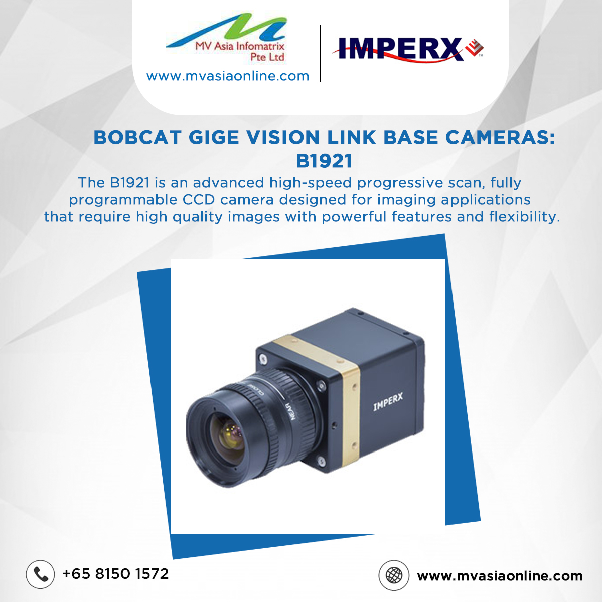 mvasiasingapore's tweet image. IMPERX

The B1921 is an advanced high-speed progressive scan, fully programmable CCD camera designed for imaging applications.

Visit: mvasiaonline.com | Call: +65 81501572 | Email : info@mvasiaonline.com

#MVAsia #MegaSpeed #recordingspeed #applications