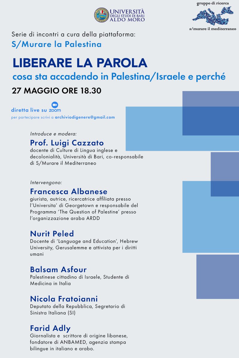 Volete capire meglio cosa accade oggi in Palestina/Israele e perche'? S/Murare Palestina (UniBA) ne parla con ospiti d'eccezione. Scrivete ad archiviodigenere@gmail.com per partecipare @lcazzato47 @ispionline @NFratoianni