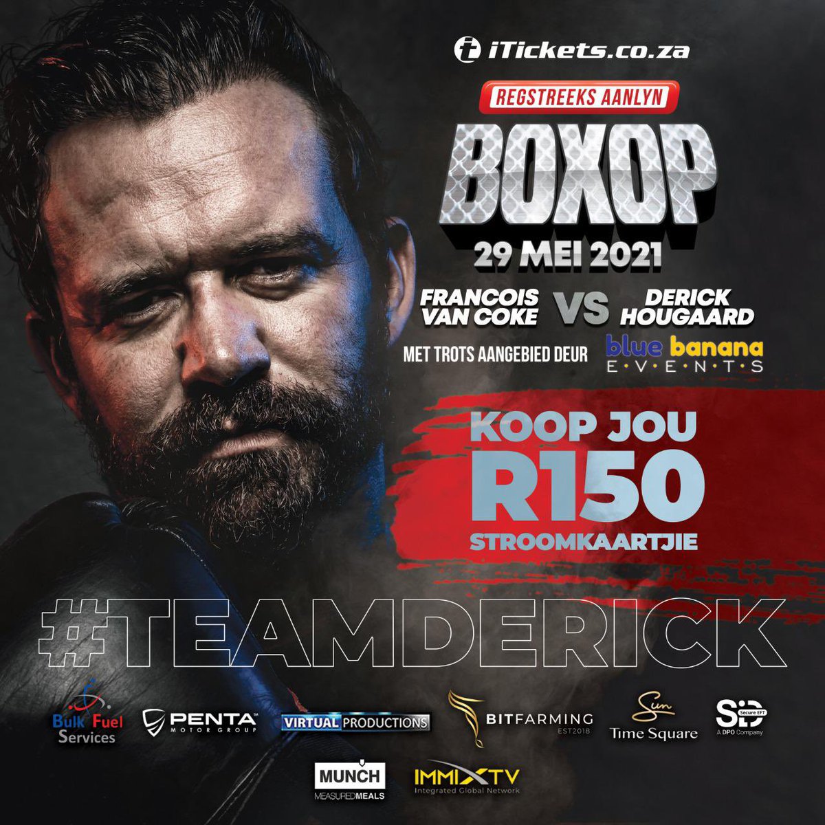 Jay_du_Plessis's tweet photo. Die naweek se #Boxop gaan iets wees om te aanskou! Twee manne wat altwee druk verstaan en kan fokus soos n arend. Ek gaan met my #Bloubul hart gaan en staan agter @DerickHougaard Waar staan jy? Koop jou stroomkaartjie nou! #TeamDerick https://t.co/GebPU4XsYd