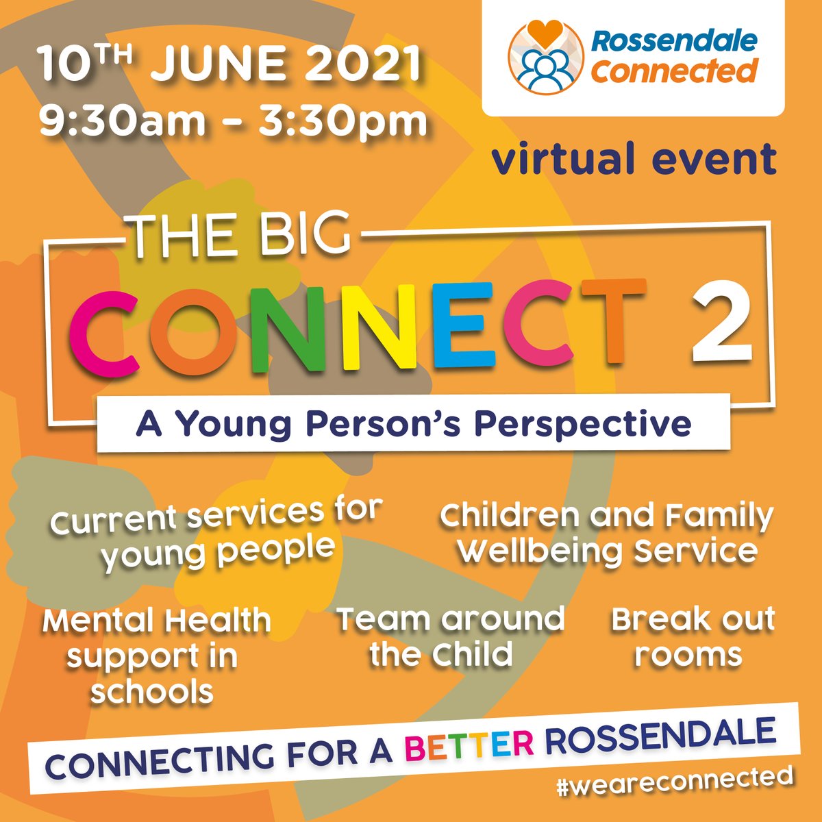 Join the Big Connect Two!!!
We're hosting our second Big Connect event on the 10th June 9:30am-3:30pm.
We need you to come and join in the discussion about the place of Rossendale, this event has a unique focus on young people. 
forms.gle/VokegKxyBV7TGb…