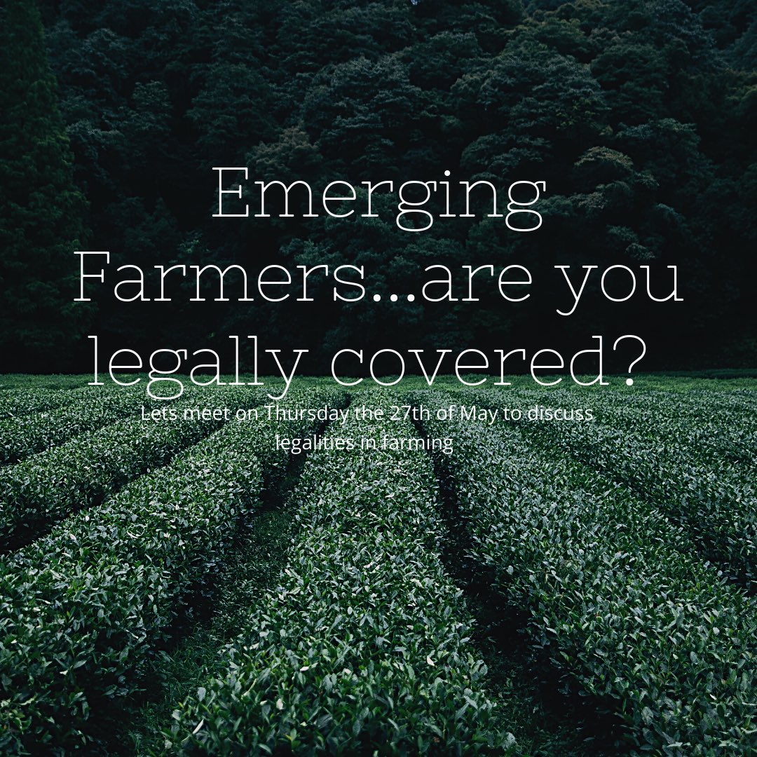 📢 📢🚨🚨: Calling all small to medium sized farmers

Are you aware of all the regulations and legal issues surrounding your industry? Water,environmental law,labour, contracts, company structures etc. Let’s meet on #TwitterSpaces at 6pm on Thursday#Law #EmergingFarmers #Legal