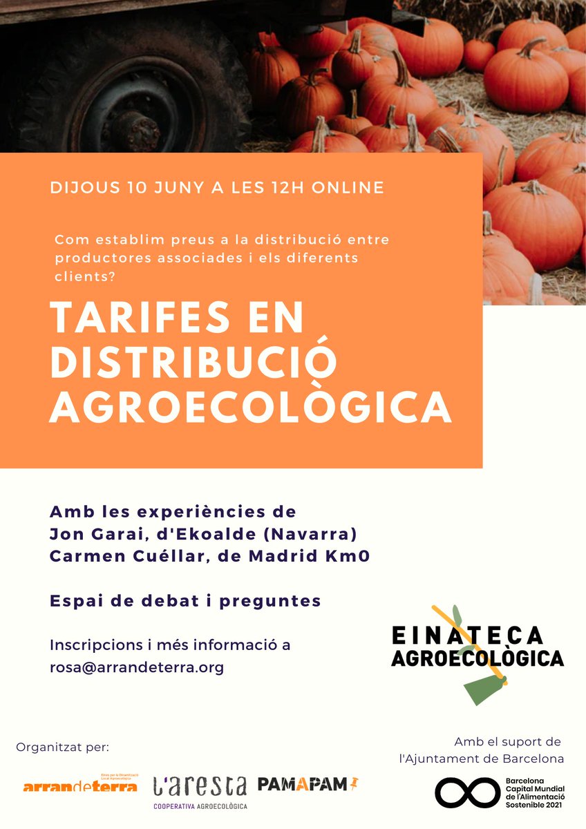 🚛TARIFES EN DISTRIBUCIÓ AGROECOLÒGICA
🗓10/06 a les 12h
Amb <a href="/Ekoalde1/">Ekoalde</a> i #MadridKm0
Com establim preus entre associades? Quines tarifes apliquem a diferents clients? Com calculem el preu de transport i com el repercutim al preu del producte?

✍️🏽Inscripcions: rosa@arrandeterra.org